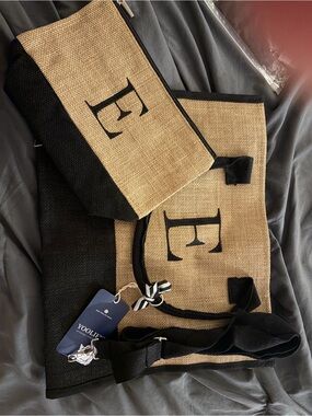 Beige & Black Monogrammed Shoulder Tote with Matching Pouch